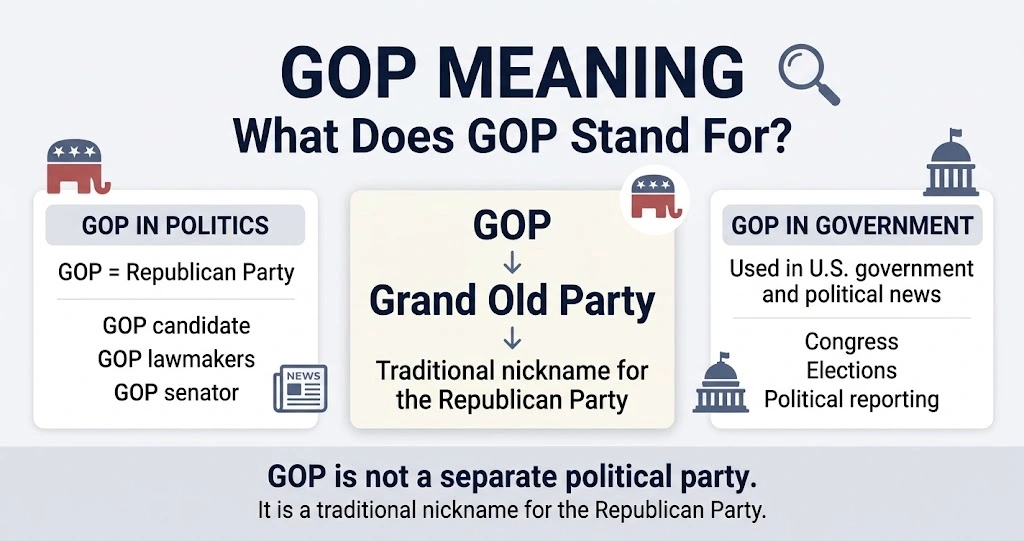 GOP meaning infographic explaining Grand Old Party and Republican Party