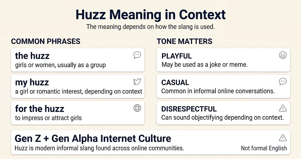 Huzz meaning in context showing the huzz, my huzz, and for the huzz with explanations of playful, casual, and disrespectful usage.