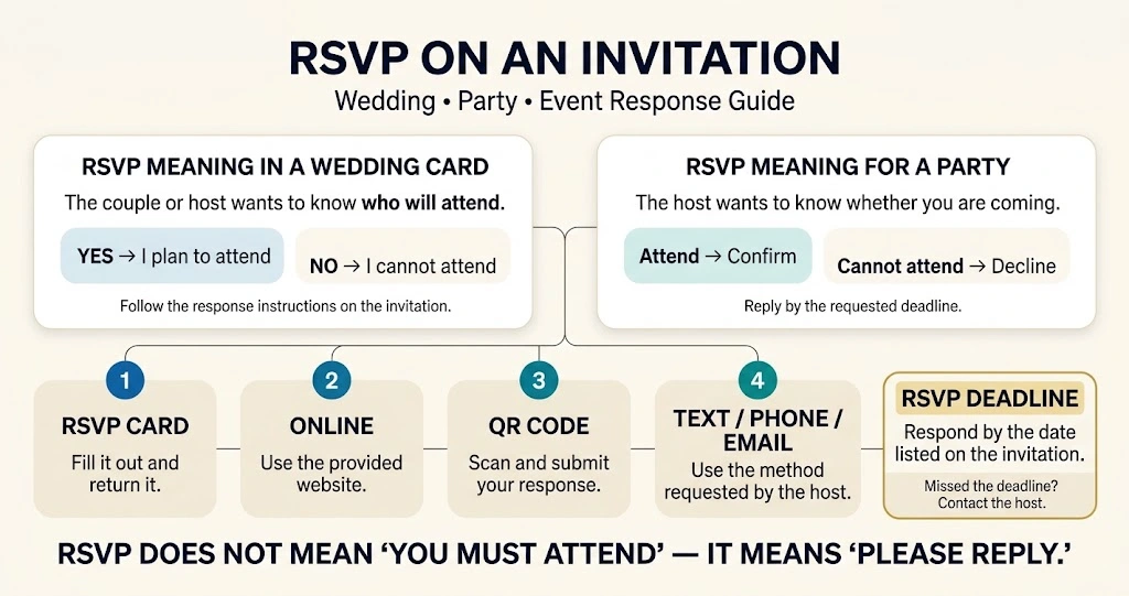 RSVP meaning on wedding and party invitations with response methods and deadline