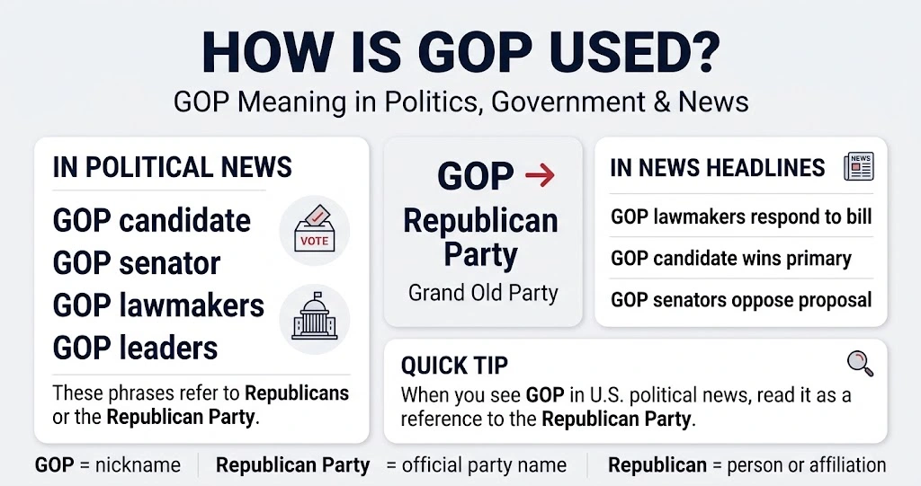 GOP meaning in politics and news showing GOP candidate senator and lawmakers